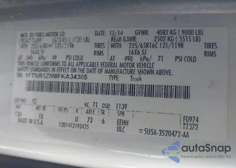 2015 Ford Transit-250 z USA, uszkodzony, nr VIN 1FTNR1ZM8FKA34305